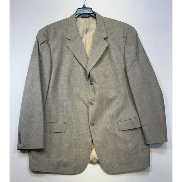 Bill Blass Mens Plaid Blazer Jacket Size 46 Reg Tan Checkered Wool Blend - Picture 1 of 14